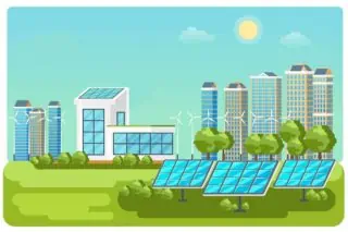 Eco-friendly city with solar panels and wind turbines