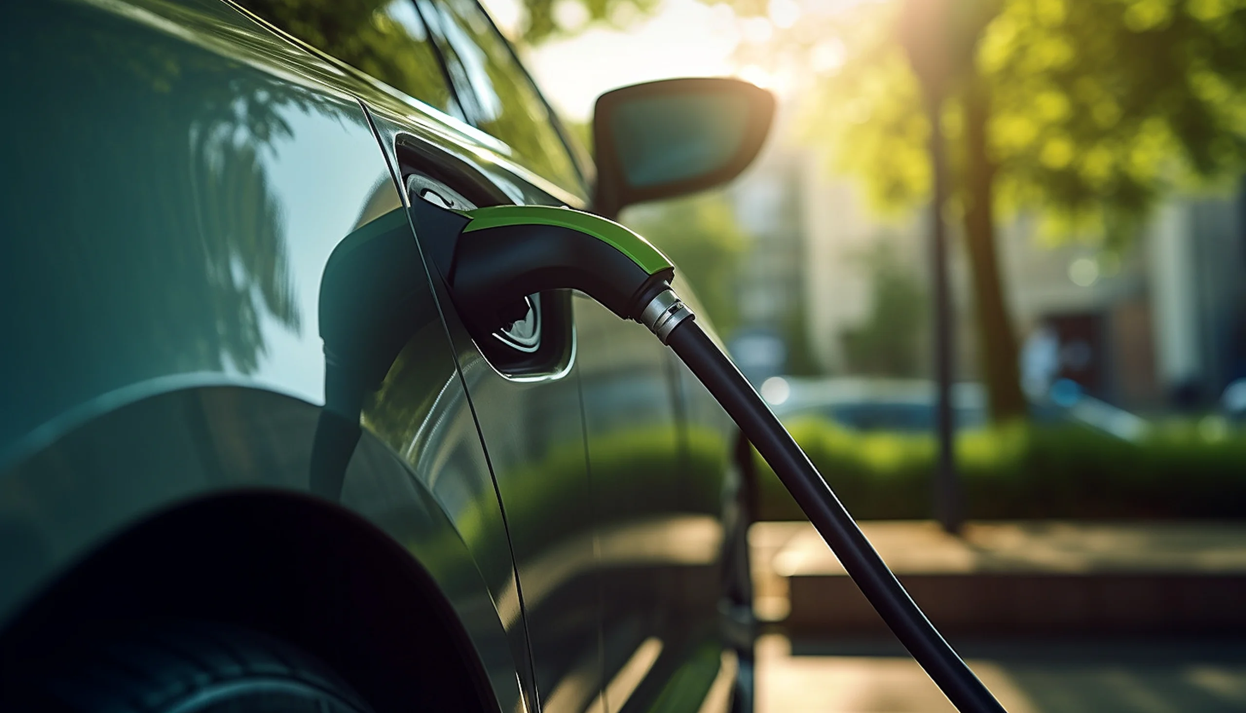 A close-up of an electric vehicle being charged in the afternoon light.
